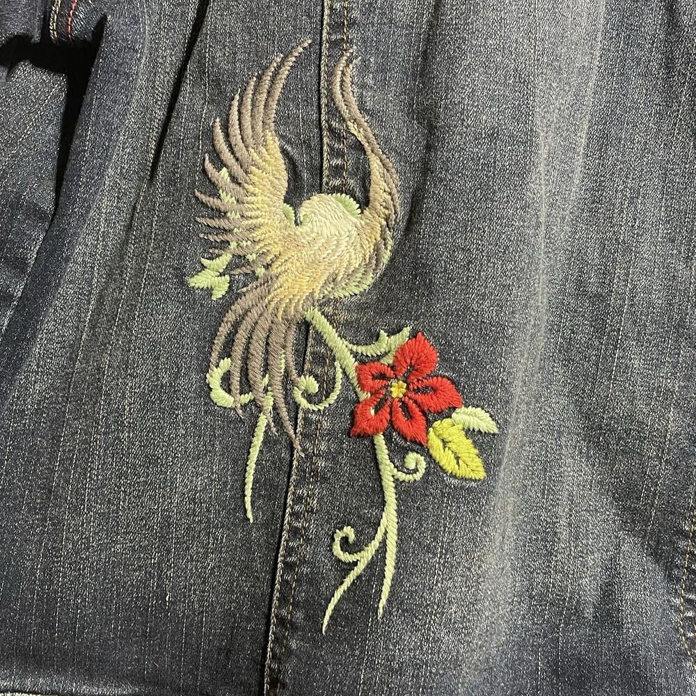 Harley Davidson Blue Jean Denim Jacket Embroidered Flowers Bird Womens Large NWT - Picture 12 of 15